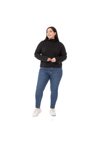 Büyük Beden Kapüşonlu Düşük Kollu Pis Dikişli Üç İplik Siyah Sweatshirt-siyah Siyah