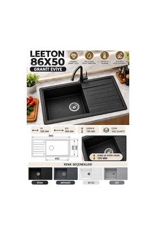 Granit Evye Leeton Series Siyah Renk En :500mm Boy :860 Mm Derinlik :195 Mm