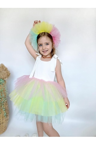 Linola Baby Kids Jolie Taçlı Kız Çocuk Parti Elbisesi Renkli Çok Renkli