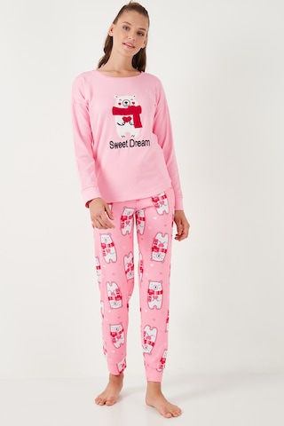 Lela Streç Standart Fit Bisiklet Yaka Desenli Bayan Pijama Takımı 6095700 Pembe