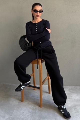 Siyah Geniş Paça Rahat Kalıp Lastikli Eşofman Altı Mg2581 SiYAH