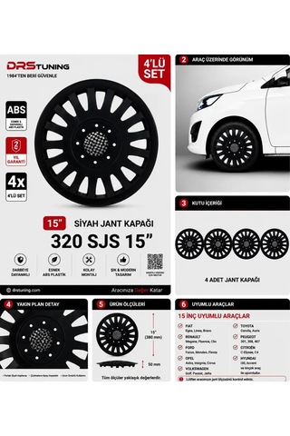 Peugeot Uyumlu 15 Inc Kırılmaz Parlak Siyah Jant Kapağı 1 Takım 4 Adet No:320
