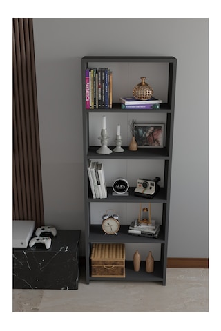 5 Raflı Kitaplık Dekoratif Çok Amaçlı Düzenleyici Raf 150 Cm Salon Çalışma Odası Raf Antrasit