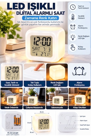 Lexroo Led Aydınlatmalı Küp Saat Dijital Alarm Tarih Ve Sıcaklık Diğer