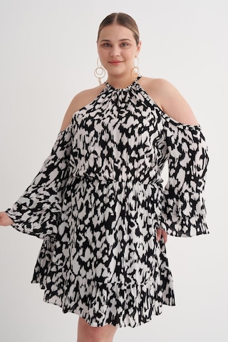 Pencere Detaylı Volanlı Elbise-6222 Siyah