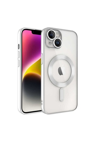 Apple Uyumlu iPhone 14 Plus Kılıf Kamera Korumalı M-safe Wireless Şarj Özellikli Zore Demre Kapak Gümüş