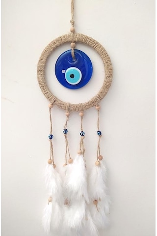 Hdmarketim Nazar Boncuklu Düş Kapanı Dreamcatcher Kuş Tüyü Duvar Beyaz