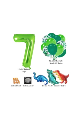 7 Yaş Dinazor Set Rakam Folyo, 3 Adet Mini Dinazor Ve 10 Lu Balon