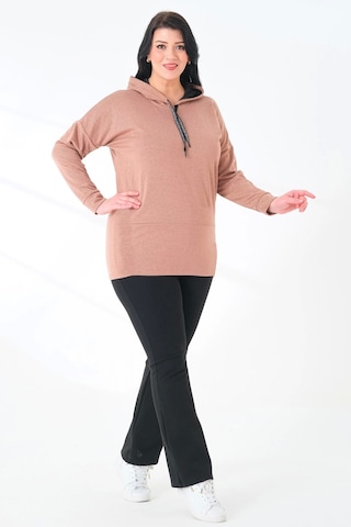 Lady Majestic Büyük Beden Kapüşonlu Sweatshirt Vizon