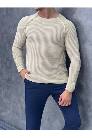Modefendi Slim Fit İtalyan Kesim Pamuk Açık Yaka Kazak Krem