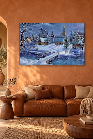 Fida Karlı Köyde Kubbeli Kilise Ve Ahşap Köprü Canvas Tablo Çok Renkli