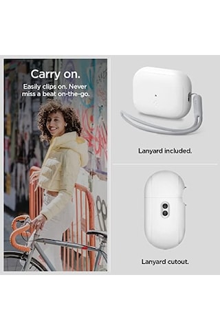 Airpods Pro 2 İle Uyumlu Kılıf Silicone Fit + Strap Askı İpi Özellikli Kaymaz Silikon Beyaz Kapak -