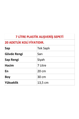 7 Litre Plastik Kozmetik Alışveriş El Sepeti Sarı 20 Adet / En:20 Boy:30 Yükseklik:13,5 Cm Sarı