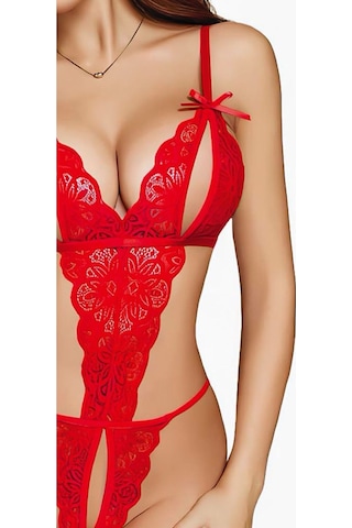 Selveta Fiyonk Detaylı, Göğüs Dekolteli Dantelli String Body Fantezi Takımı Kirmizi