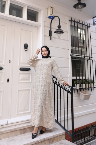 Nevayla Moda Çiçek Desenli Viskon Elbise - Bej / E0128 Bej