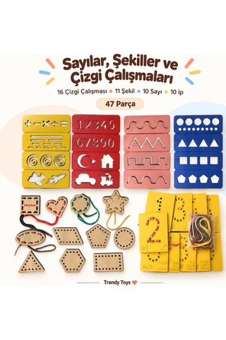Eğitici Ahşap Çizgi Çalışmaları,sayı Ve Şekiller Ip Geçirme El Kası Geliştirme