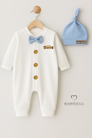 Babyden's Mini Boss Erkek Bebek Tulum Ve Şapka Seti Yenidoğan Papyonlu Bebek Tulumu %100 Pamuk Mavi