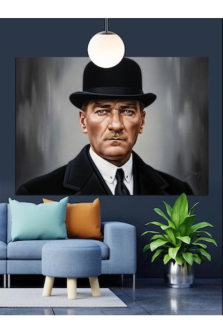 Şapkalı, Mustafa Kemal Atatürk Portresi Dekoratif Kanvas - Mdf Ahşap Tablo