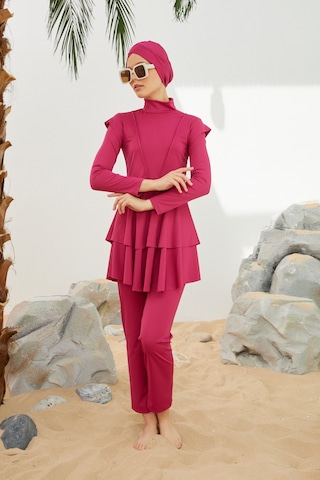 Likralı Tam Kapalı Tesettür Mayo Deniz Mayosu Fırfır Detaylı T223-46 Fuşya Fuşya