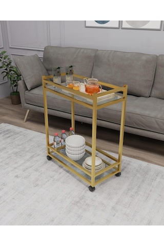 Çok Amaçlı Tekerlekli Sunum Servis Arabası Yan Sehpa Cam Raflı Gold Metal İskeletli Servant Genel