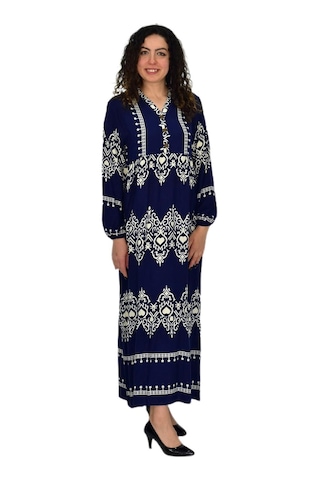 Kadın Kol Lastikli V Yaka Elbise Bgl-st04642 Lacivert