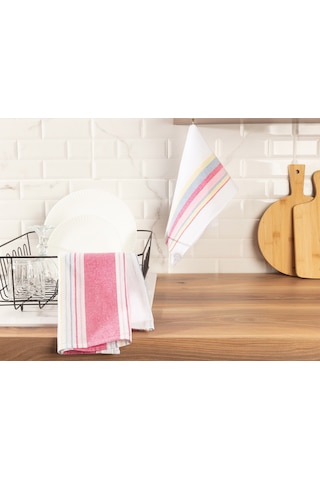 Madame Coco Jeanne 2'Li Yıkamalı Mutfak Havlu Seti - Beyaz / Pembe