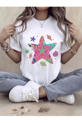 Marine Tema Baskılı Oversize Kompak T-shirt Beyaz