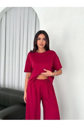 Primemagazam Kadın Osy Modal Bisiklet Yaka Tişört Bol Paça Pantolon İkili Takım - Bordo Çeşitli