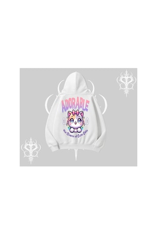 Adorable Kawaii Kedi Arka Baskılı Kapşonlu Sweatshirt