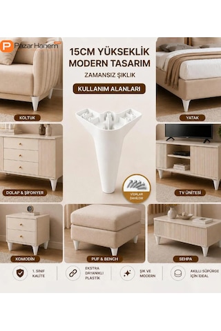 Modern Plastik Mobilya Ayağı - 4'lü Set Kanepe Koltuk Baza Puf Ayağı Beyaz + Vidalar Dahil
