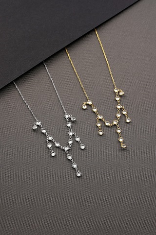 925 Ayar Gümüş Zirkon Taşlı Uzun Ve Kısa Parça Sallantılı Tamtur Kolye Altın