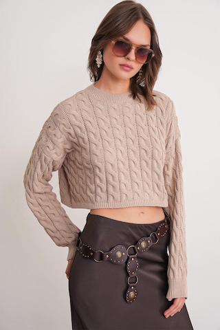 6863 Kadın Saç Örgülü Crop Triko Kazak Vizon Vizon