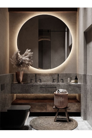 Nuun Dekor 80cm Günışığı Ledli Dekoratif Banyo Aynası / Dekoratif Duvar Aynası / Ledli Yuvarlak Ayna - Trafolu Şeffaf