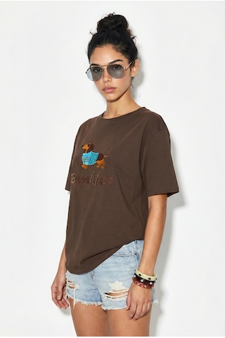 Shade Kadın Bisiklet Yaka Nakış Ve Boncuk İşlemeli Oversize T-shirt 2221 60286122 - Kahverengi