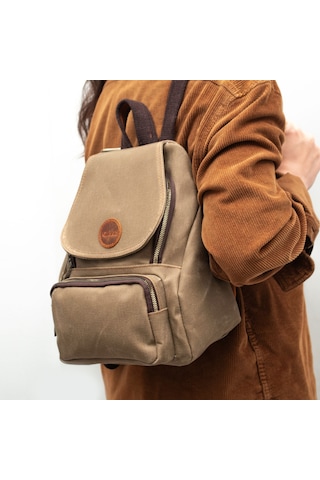 Gillario Design 04 Kanvas - Deri Kadın Sırt Çantası Camel