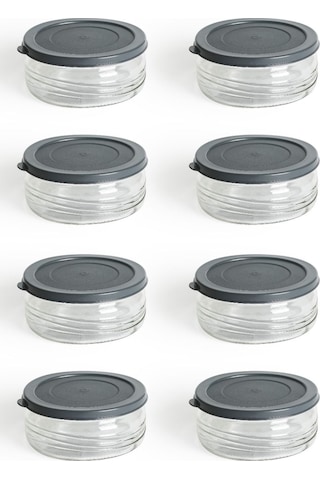8'li Premium Kahvaltılık Seti 410 Cc Gri Plastik Kapaklı, Cam Saklama Kabı, Hava Geçirmez Gri