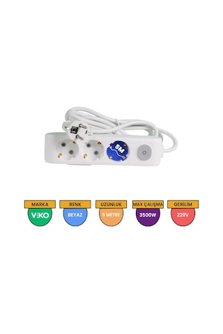 Viko Multi-let 3'lü Grup Priz Anahtarlı Topraklı Çocuk Korumalı 5 Metre Beyaz - 90117305