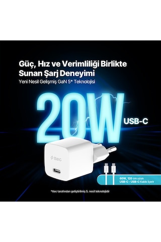 Ttec 2SCG20CB Smartcharger Gan 20W PD Seyahat Hızlı Şarj Aleti + USB-C - USB-C 60W Kablo