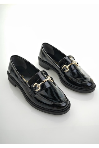 Muggo Sussie Garantili Metal Tokalı Kadın Loafer Günlük Ayakkabı Siyah Rugan