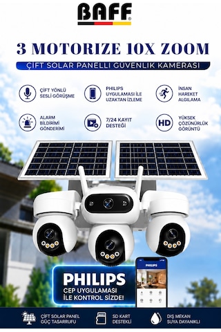 SIM-5874 Çift Solar Panelli 4G SIM Kartlı 3 Lensli PTZ Akıllı Dış Mekan Güvenlik Kamerası HD IP Kamera + 128 GB Hafıza Kartı Dahil