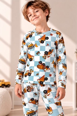 Free Beka Desenli Bisiklet Yaka %100 Pamuklu İnterlok Kumaş Erkek Çocuk Uzun Kollu Pijama Takımı Turkuaz