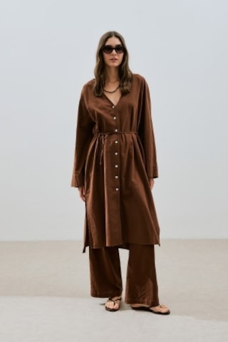 Dokulu Düğmeli Uzun Tunik Kahverengi Kahverengi