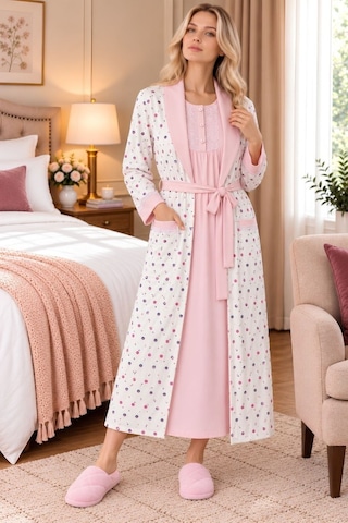 Mecit Pijama Mecit 6414 Pembe Kadın Büyük Beden Uzun Sabahlıklı Gecelik Takım