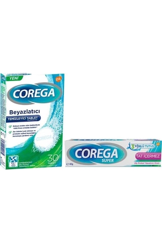 Corega Protez Beyazlatıcı Tablet 30'lu + Tat İçermez Protez Yapıştırıcı Krem 40 G