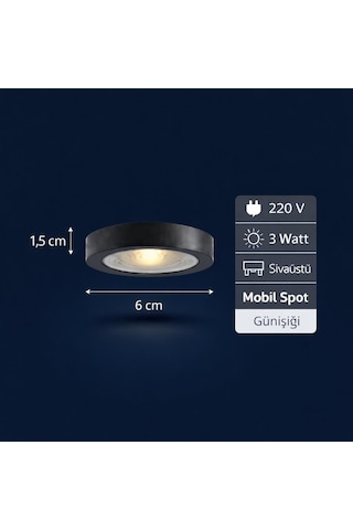 3w Led Sıva Üstü Mini Spot 220v Günışığı 6 Cm Mobil Raf & Dolap Aydınlatma Siyah