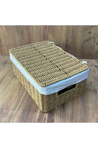 Rattan Örme Kapaklı Kutu Orta Boy Çok Amaçlı Kapaklı Sepet Krem