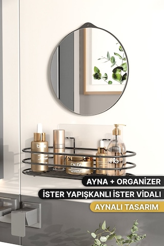 Banyo Düzenleyici 2 Li Set Ayna Ve Organizer Yapışkanlı Lüks Tasarım Ayna Kozmetik Rafı Siyah