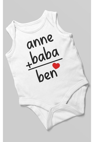 Anne Baba Ve Ben Baskılı Bebek Zıbını Çıtçıtlı Body %100 Pamuk Sıfır Kol Beyaz