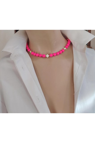 Luna Yonca Detaylı Lav Taşı Choker Doğal Taş Kolye Pembe