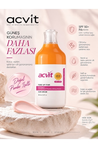 Acvit Tone Up Yeni Nesil Pembe Ton Eşitleyici Güneş Kremi SPF50+ Pa++++ 100 ML